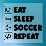 a list of activities, including "EAT", "SLEEP", "SOCCER", and "REPEAT", with corresponding icons for each activity. The text is written in a simple, clear font, and there are no additional descriptions or explanations provided.