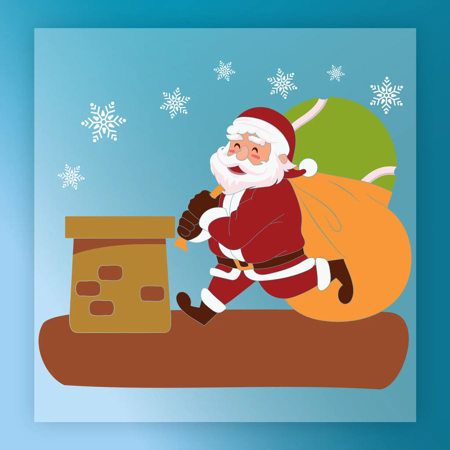 Add festive charm to your projects with InkMerge’s Cheerful Santa Claus Christmas Design—Heat Press Ready. Santa walks on a snowy rooftop, carrying a green and yellow sack, perfect for holiday shirts or DTF transfers.