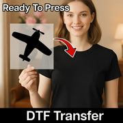 A woman holding a clear sign with a black airplane icon on it, and there is a red arrow pointing to her chest.