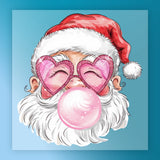 Cheerful illustration of Santa wearing InkMerge's Santa Bubblegum Heart Sunglasses and blowing pink bubblegum on a blue background—ideal for festive heat press or DTF transfer designs.