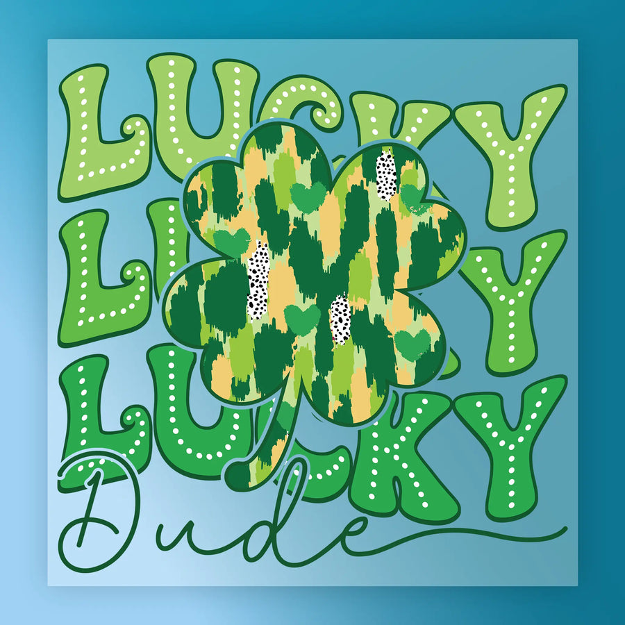 a stylized clover with the word "Lucky" written around it, creating a visually appealing and playful design.