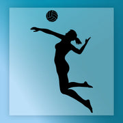 A silhouette of a person playing volleyball, with the ball in the air above their head.