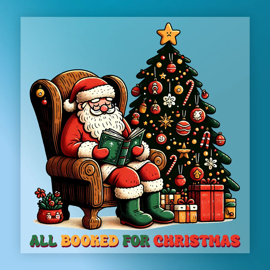 Santa Claus reads by a tree with gifts and poinsettia in the InkMerge "All Booked For Christmas Santa Design," ideal for holiday apparel or festive DTF transfers.