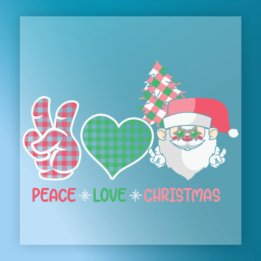 InkMerge Christmas Plaid DTF Transfer - Festive Design features a peace sign, plaid heart, Santa in star glasses by a plaid tree, plus "Peace Love Christmas" text with snowflake dividers. Ready to press or add to your gang sheet.