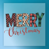 The MERRY Christmas Plaid Leopard Design by InkMerge features bold plaid and leopard letters on a blue background with "Christmas" in elegant red script—ideal for DTF transfers and custom apparel.