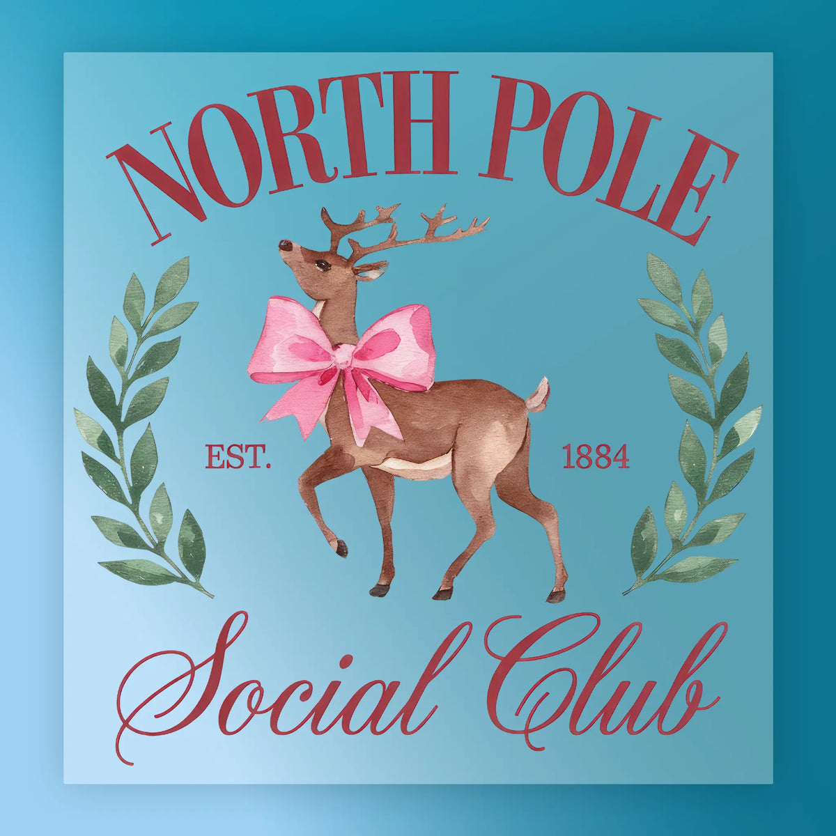 The InkMerge North Pole Social Club Reindeer Design shows a reindeer with a pink bow and green leaves, plus "NORTH POLE Social Club" and "EST. 1884" on blue—ideal for festive holiday shirt transfers.