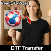 A woman holding a watercolor painting of a soccer ball, with a red arrow pointing to the ball.