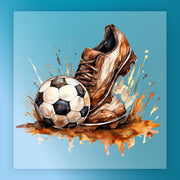 A watercolor painting depicting a soccer ball and a pair of brown cleats, with splashes of color around them.