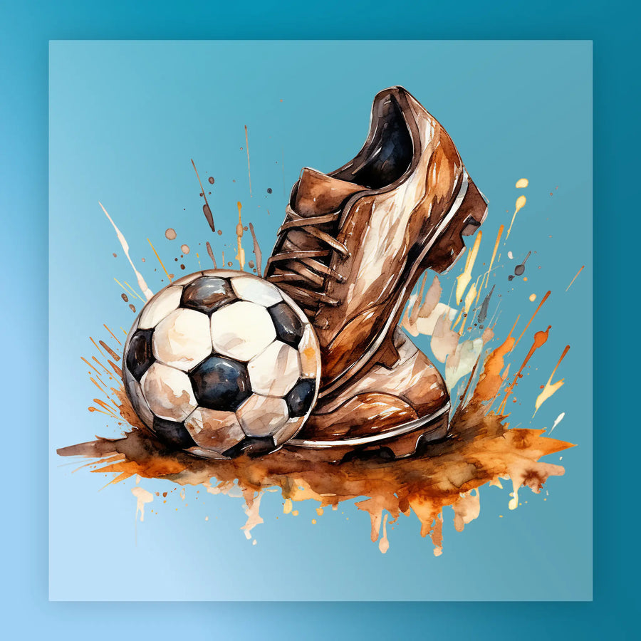A watercolor painting depicting a soccer ball and a pair of brown cleats, with splashes of color around them.