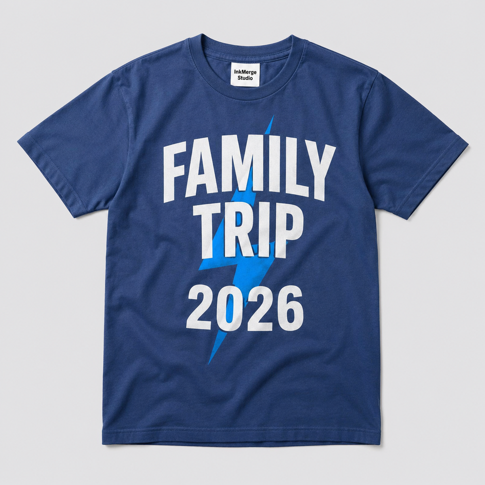 Family Trip 2026 blue graphic tee mockup