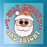 The InkMerge “Stay Merry And Bright Santa Sunglasses” design features a cool Santa with shades and candy canes on a blue background—ideal for custom apparel or your next ugly sweater party!.