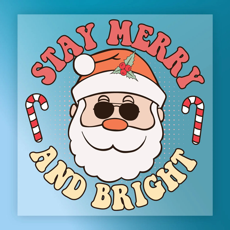 The InkMerge “Stay Merry And Bright Santa Sunglasses” design features a cool Santa with shades and candy canes on a blue background—ideal for custom apparel or your next ugly sweater party!.