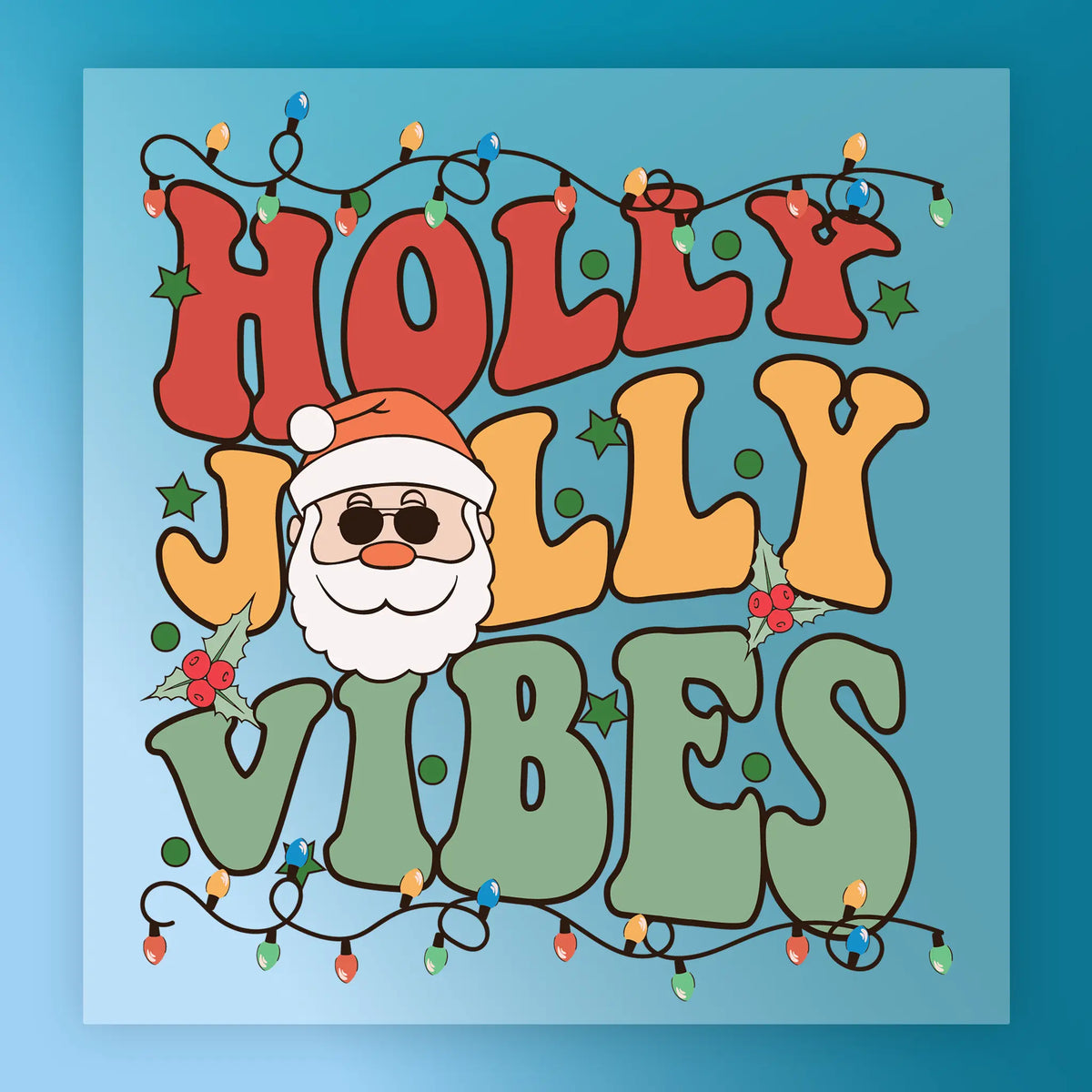 InkMerge's "Holly Jolly Vibes with Santa Sunglasses" features retro art, a cheerful Santa in shades, holly leaves, and festive lights on blue—ideal for DTF transfers to brighten up holiday apparel or ugly sweater parties.