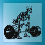 A skeleton lifting a barbell with large weights, representing a weightlifting scene.