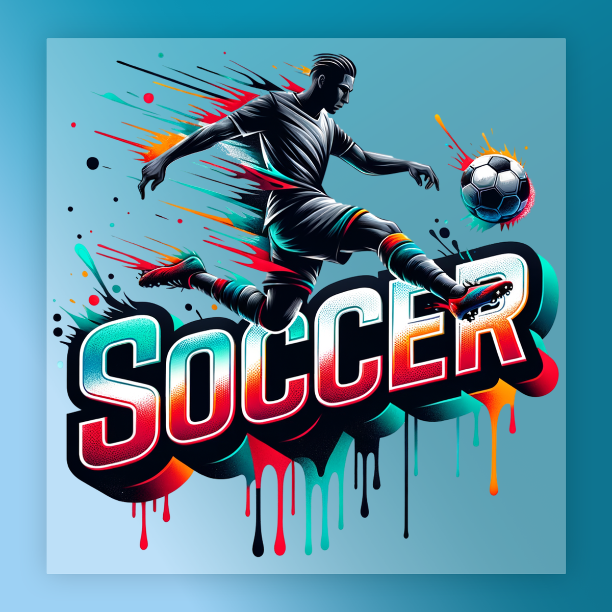 A stylized illustration of a soccer player in mid-kick, with the word "SOCCER" prominently displayed in the center. The background is a vibrant blue color with splashes of red, orange, and yellow.