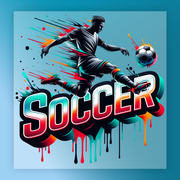A stylized illustration of a soccer player in mid-kick, with the word "SOCCER" prominently displayed in the center. The background is a vibrant blue color with splashes of red, orange, and yellow.