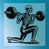 A skeleton lifting a barbell, depicted in a stylized illustration.