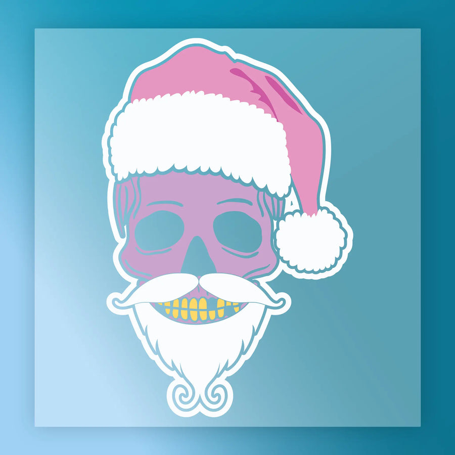 The InkMerge Skull with Santa Hat Dark Humor Holiday DTF transfer features a pink Santa hat, white mustache and beard, yellow teeth, and festive blue gradient—perfect for unique heat press projects.