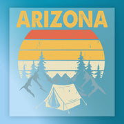 The "Take A Hike" Mountain Design by InkMerge features a vintage tent, pine trees, and mountains with a striped sunset and bold yellow "ARIZONA" text—ideal for hiking shirts, DTF transfers, or heat press projects.
