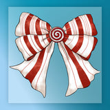 The InkMerge Candy Cane Spiral Bow features bold red and white stripes with a peppermint swirl center on a blue gradient—ideal as a premium DTF film design for heat press use.