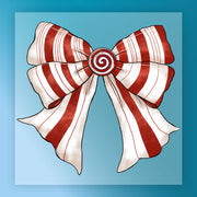 The InkMerge Candy Cane Spiral Bow features bold red and white stripes with a peppermint swirl center on a blue gradient—ideal as a premium DTF film design for heat press use.