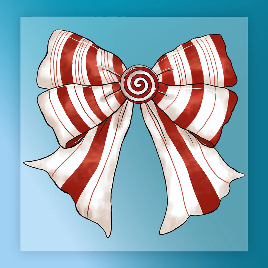The InkMerge Candy Cane Spiral Bow features bold red and white stripes with a peppermint swirl center on a blue gradient—ideal as a premium DTF film design for heat press use.