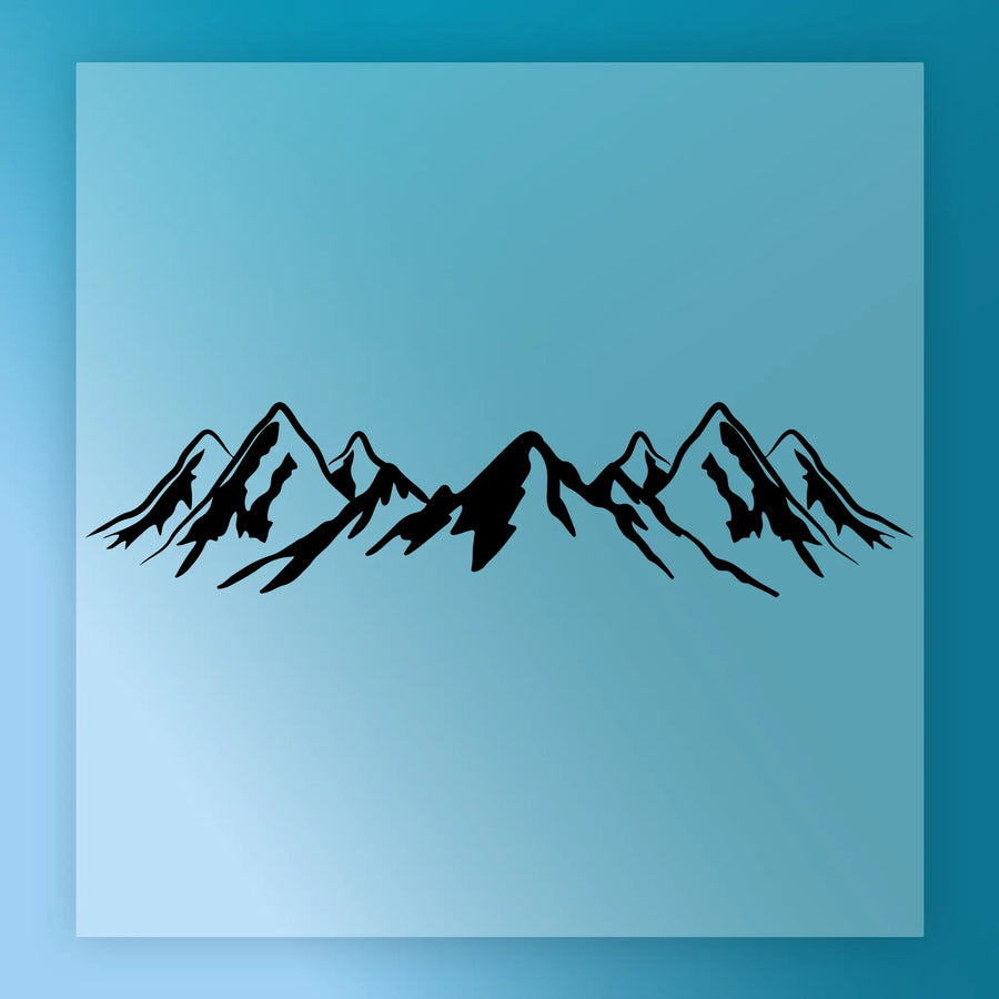 A graphic design of a mountain range with silhouetted peaks against a blue background.