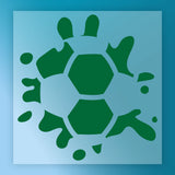 A green soccer ball with splashes of water surrounding it, set against a blue background.