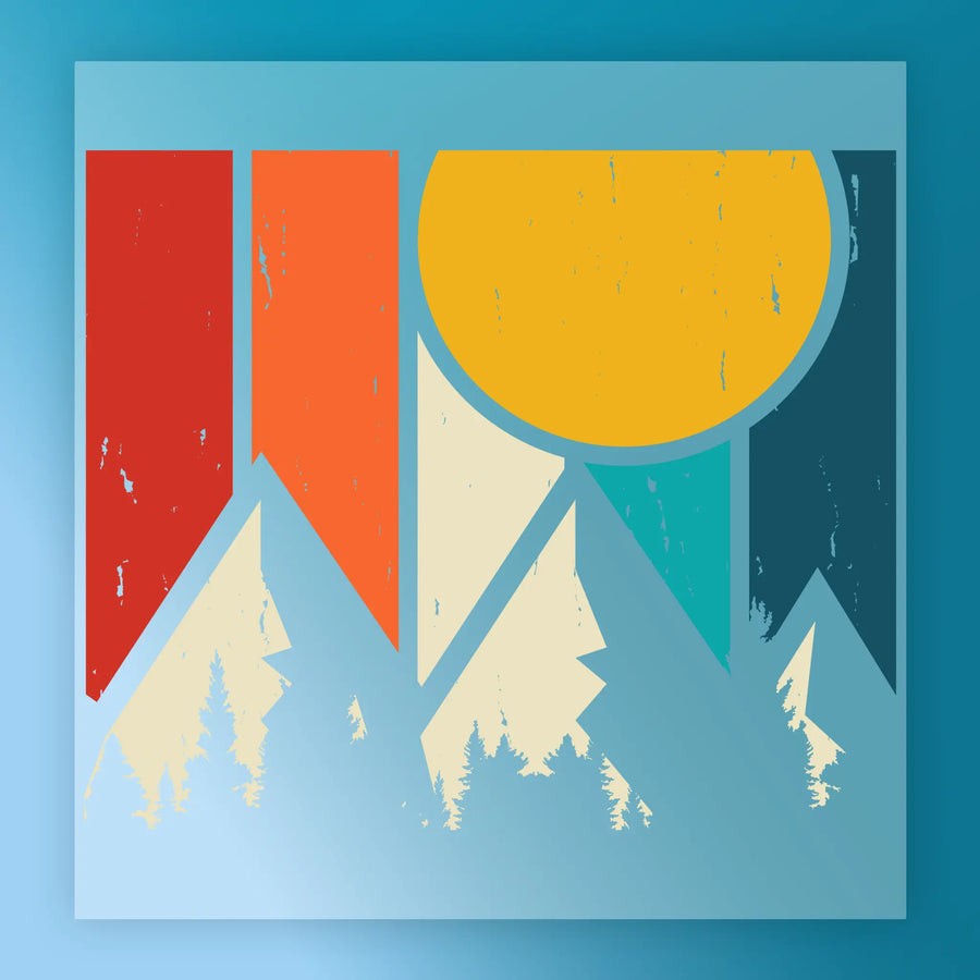 Abstract Mountain Adventure by InkMerge features stylized mountains and pines under a yellow sun, with bold retro banners—perfect for vibrant garment printing and premium heat transfer applications.