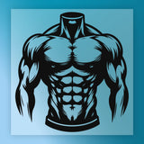 A stylized illustration of a muscular torso, with a focus on the chest and stomach area, against a blue background.