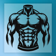 A stylized illustration of a muscular torso, with a focus on the chest and stomach area, against a blue background.