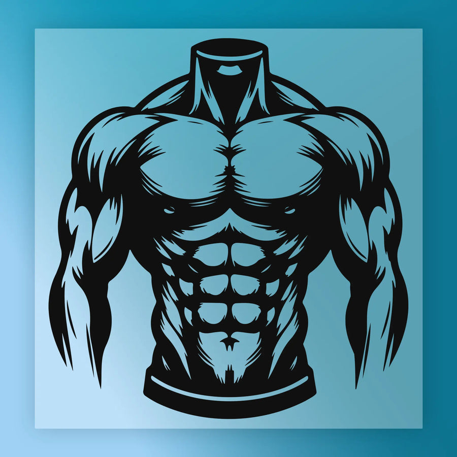 A stylized illustration of a muscular torso, with a focus on the chest and stomach area, against a blue background.