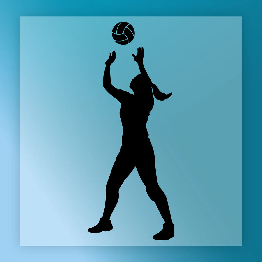 A silhouette of a person playing volleyball, with their arms raised to hit the ball.