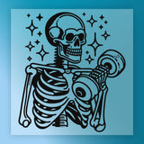 A stylized illustration of a skeleton holding a weight, surrounded by stars and a blue background.