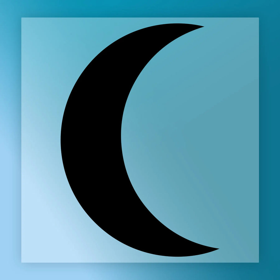 A simple black crescent moon against a blue background.