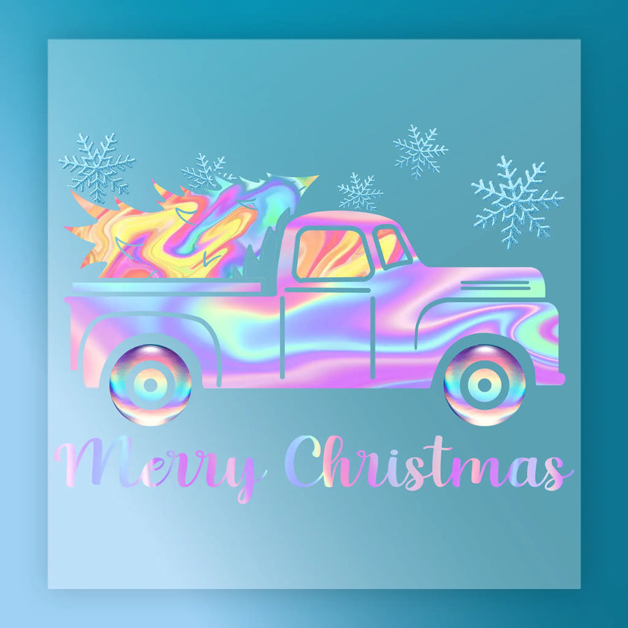 InkMerge’s Vintage Truck Iridescent Swirl Snowflakes Heat Press Ready features a vintage truck with a Christmas tree, colorful swirl snowflakes, and "Merry Christmas" on a blue background—perfect for your holiday projects.