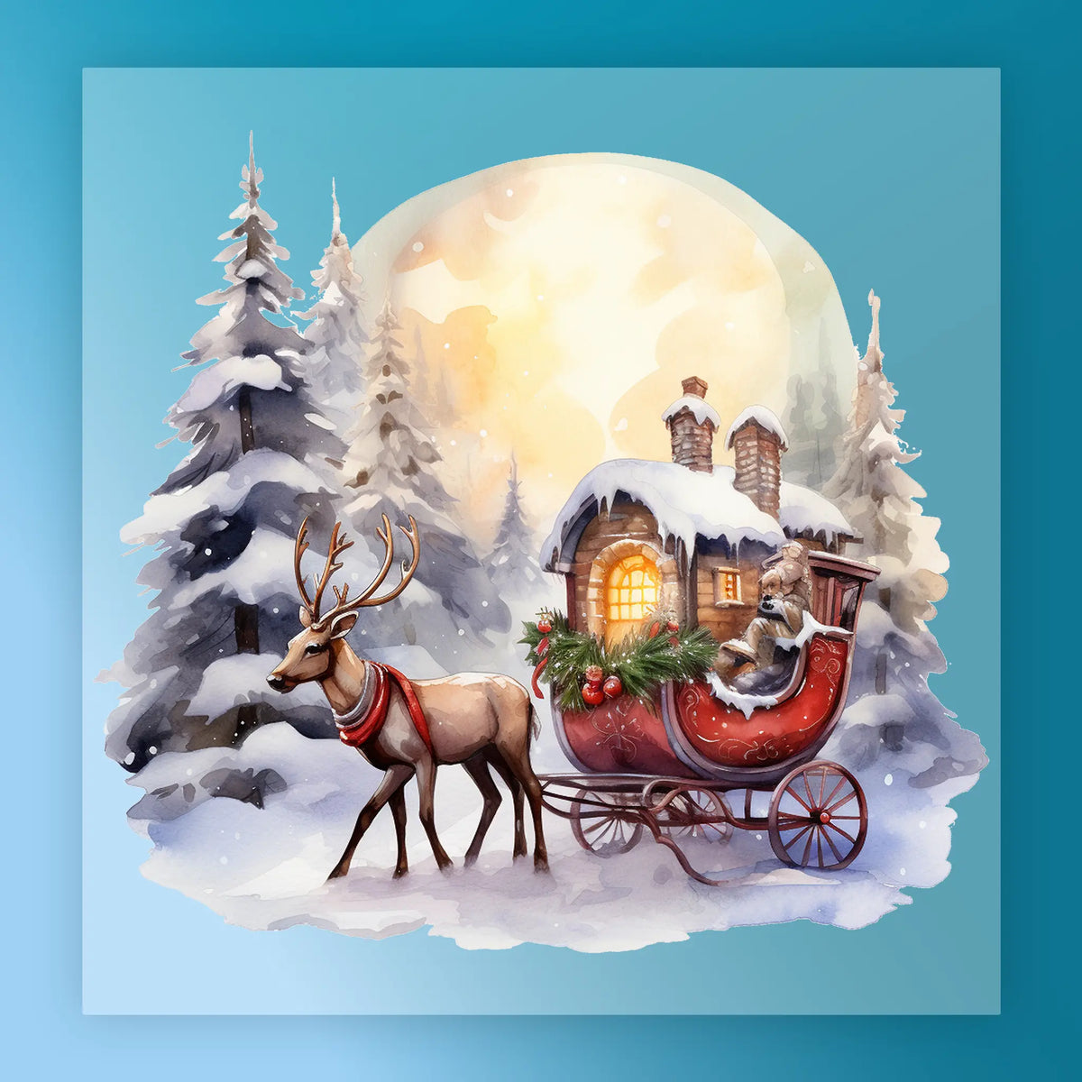 InkMerge’s Traditional Christmas Reindeer Sleigh Design features a cozy, house-shaped sleigh with a scarf-wearing bear under the glowing moon—ideal for DTF transfer and your heat press.