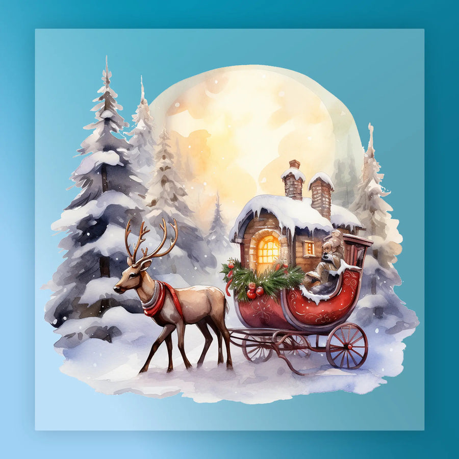 InkMerge’s Traditional Christmas Reindeer Sleigh Design features a cozy, house-shaped sleigh with a scarf-wearing bear under the glowing moon—ideal for DTF transfer and your heat press.