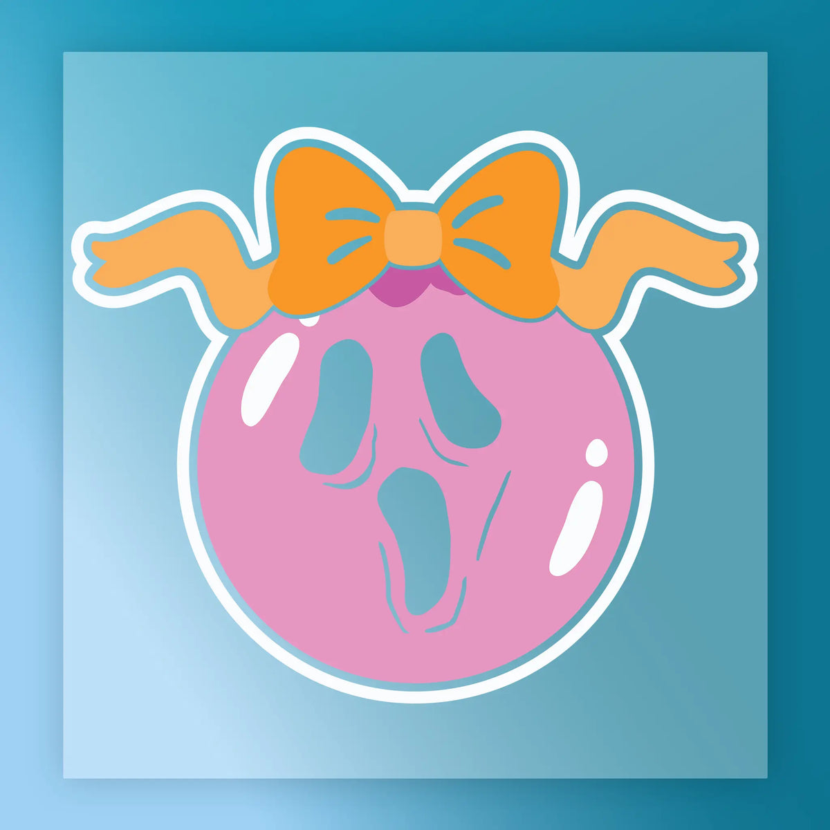 The Kawaii Ghost with Bow Design from InkMerge features a spooky ghost with a big orange bow on a pink balloon, set against a blue gradient—ideal for Halloween apparel or DTF transfer inspiration.