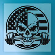 A skull with a barbell on its head, representing strength and fitness.