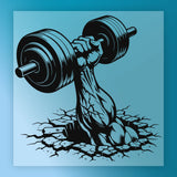 A muscular hand lifting a heavy barbell, with the hand and barbell positioned over a cracked surface.