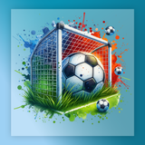 A soccer ball is depicted in a goal net, surrounded by splashes of color and grass, creating a vibrant and dynamic scene.