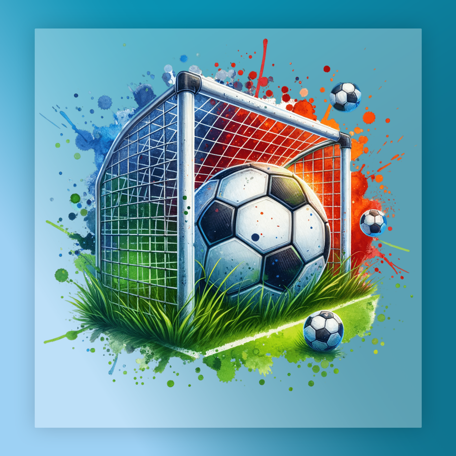 A soccer ball is depicted in a goal net, surrounded by splashes of color and grass, creating a vibrant and dynamic scene.