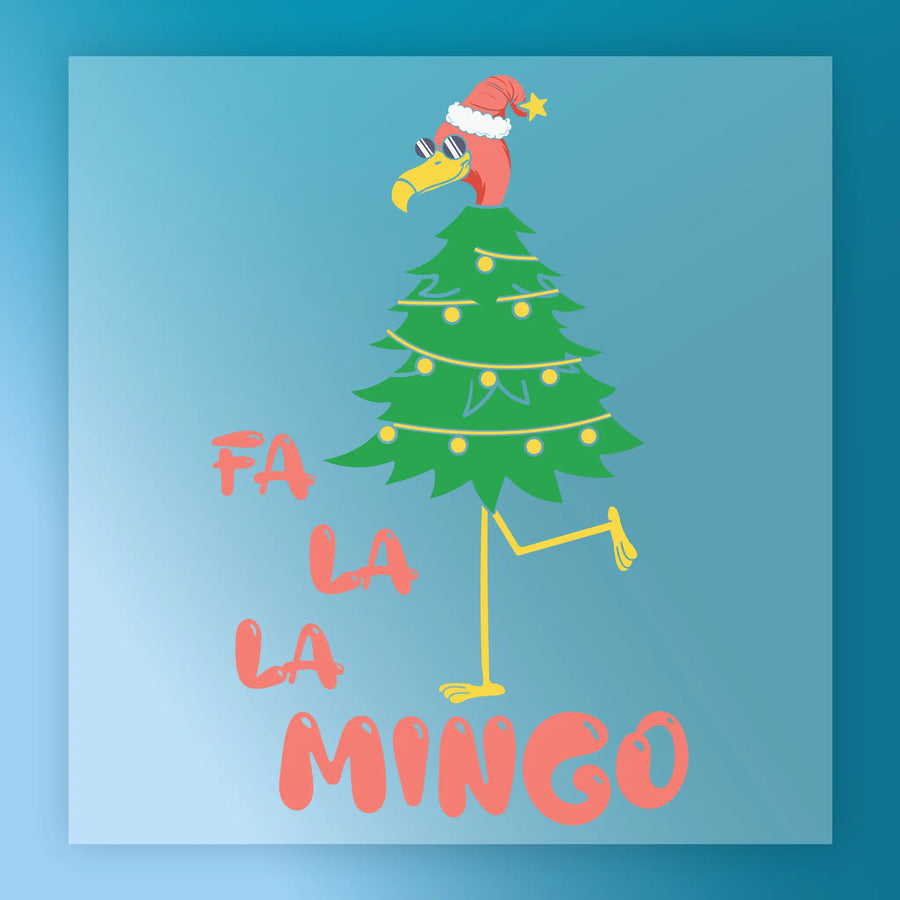 InkMerge's "Fa La La Mingo Flamingo Christmas" features a flamingo in a Santa hat and sunglasses, with its body as a decorated tree and the red "FA LA LA LA MINGO" text—ideal for heat press transfer and festive holiday style.
