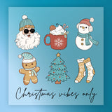 The Whimsical Christmas Design by InkMerge features Santa with sunglasses, a festive mug, cheerful snowman, gingerbread cookie, decorated tree, and cozy socks. Ready-to-press DTF transfer. Text: “Christmas vibes only.”.
