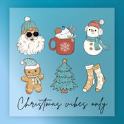 The Whimsical Christmas Design by InkMerge features Santa with sunglasses, a festive mug, cheerful snowman, gingerbread cookie, decorated tree, and cozy socks. Ready-to-press DTF transfer. Text: “Christmas vibes only.”.
