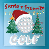 InkMerge's Santa's Favorite Golf Xmas Design features a golf ball in a Santa hat between Christmas trees with holiday lights on a blue background—perfect for DTF transfers or heat press holiday projects.