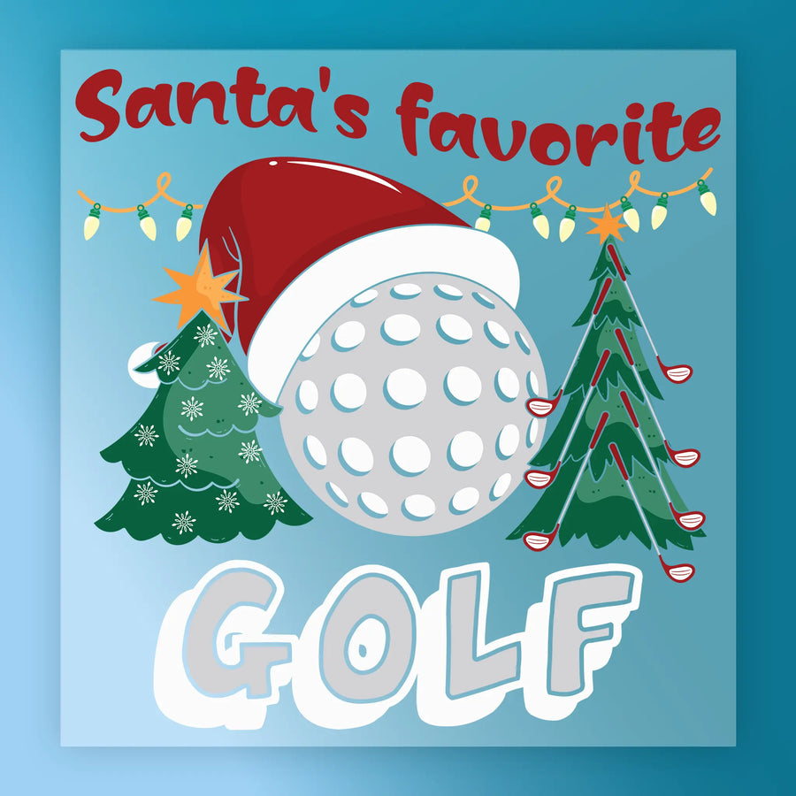 InkMerge's Santa's Favorite Golf Xmas Design features a golf ball in a Santa hat between Christmas trees with holiday lights on a blue background—perfect for DTF transfers or heat press holiday projects.