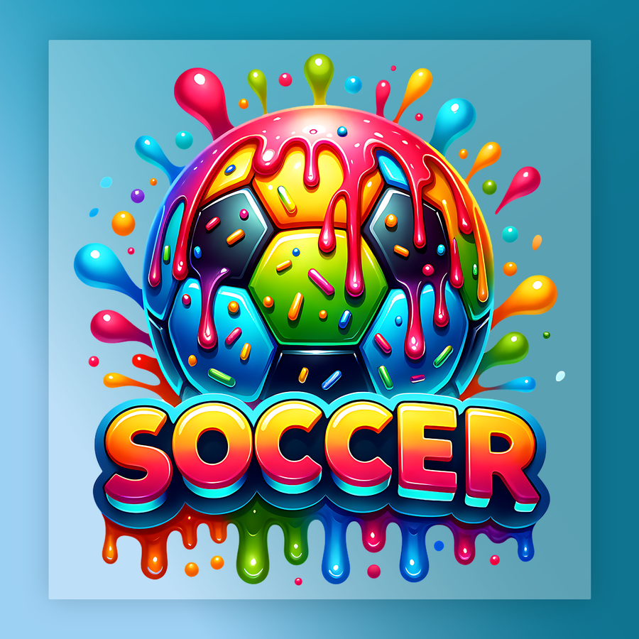 a vibrant and colorful soccer ball surrounded by a rainbow of sprinkles and drips, with the word "SOCCER" prominently displayed in the center.