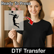 A woman holding a transparent sheet with a volleyball silhouette on it, and there is a red arrow pointing to the silhouette.